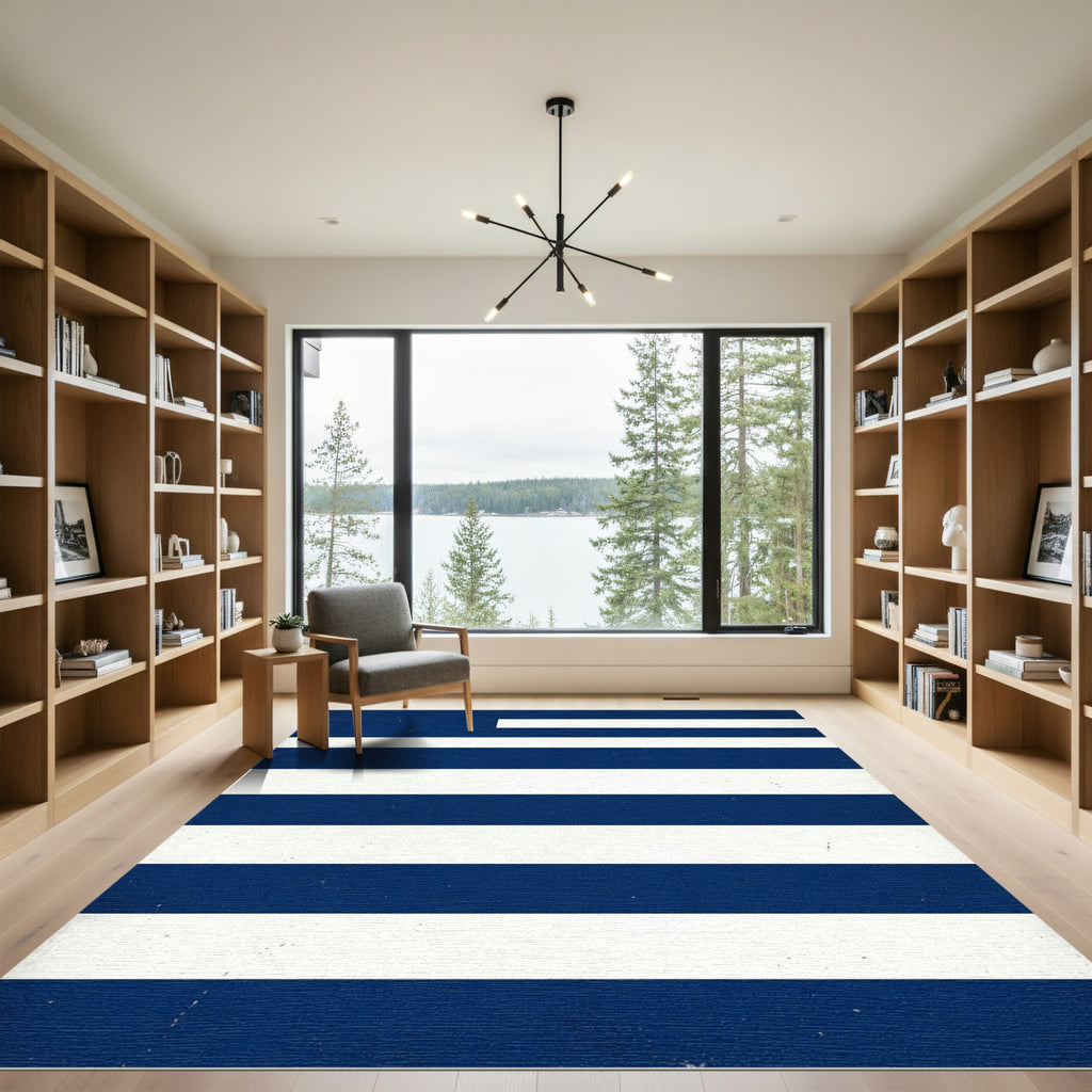 Minimalist Navy Blue Geometric Stripe Rug