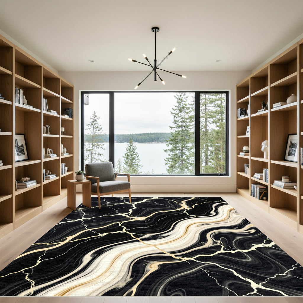 Elegant Black and Gold Marbled Swirl Rug