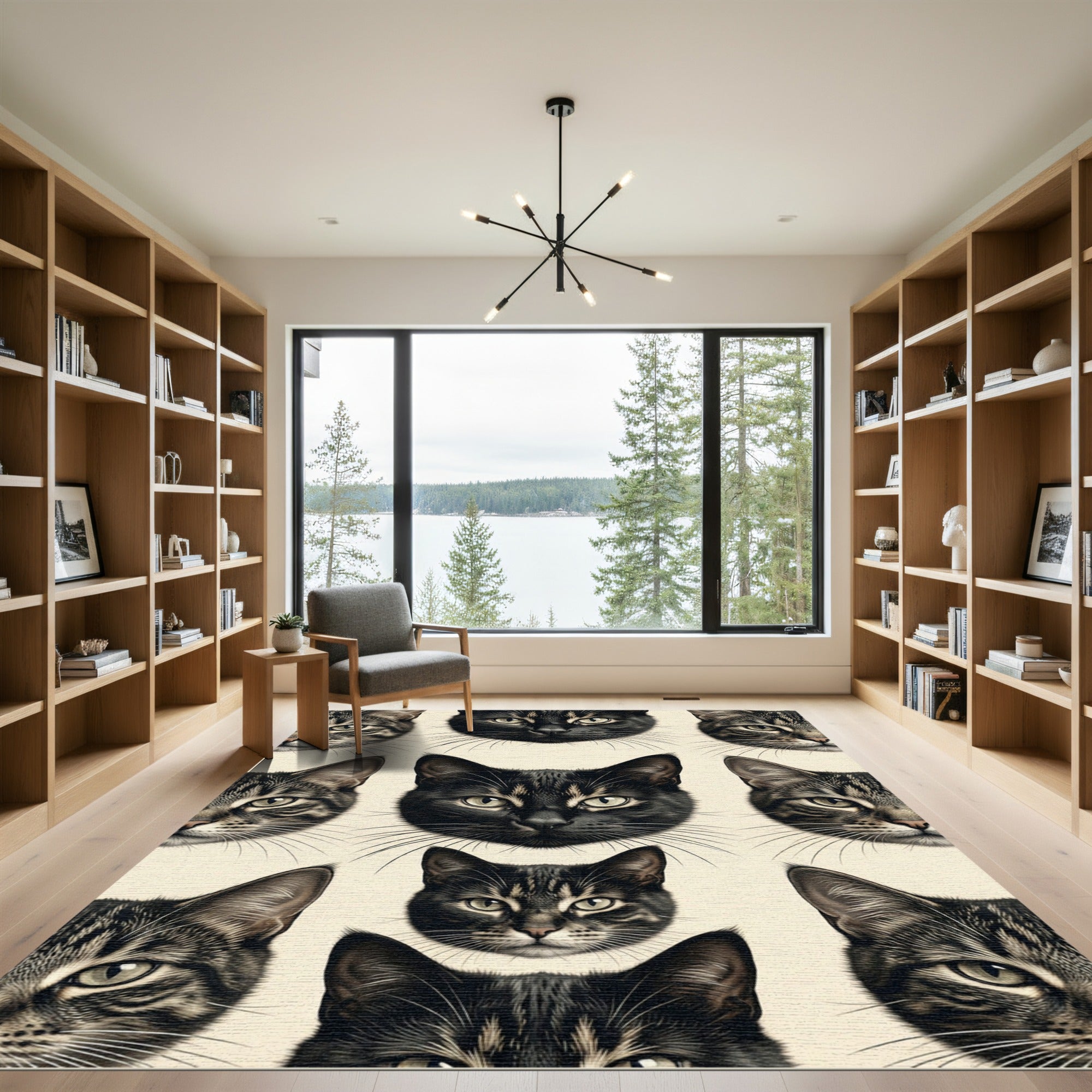 Black Cat Portrait Grid Illustration Rug