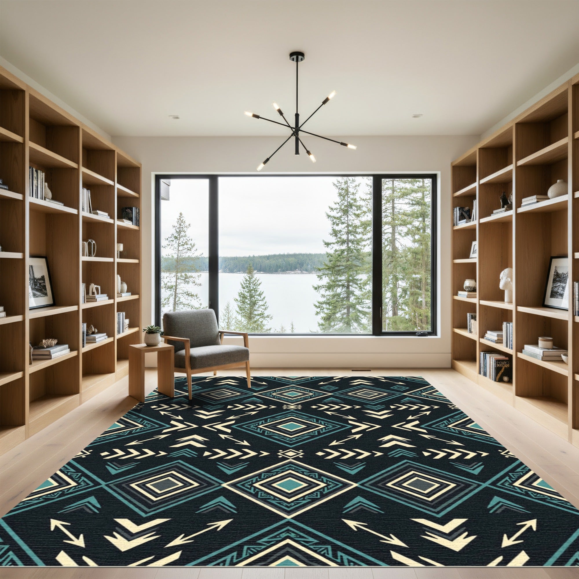 Teal and Cream Geometric Aztec Diamond Rug