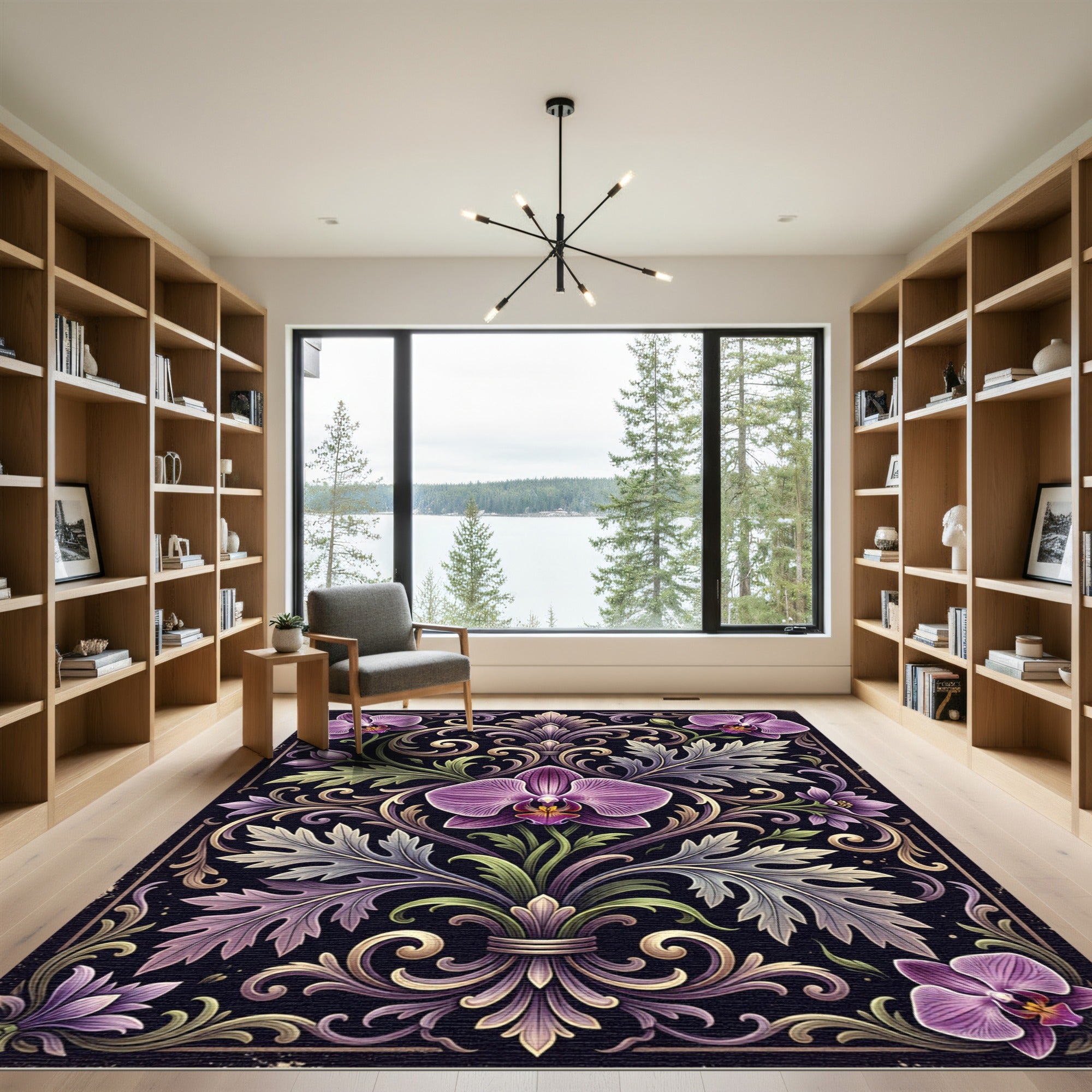 Orchid Floral Scrollwork Purple Gold Rug