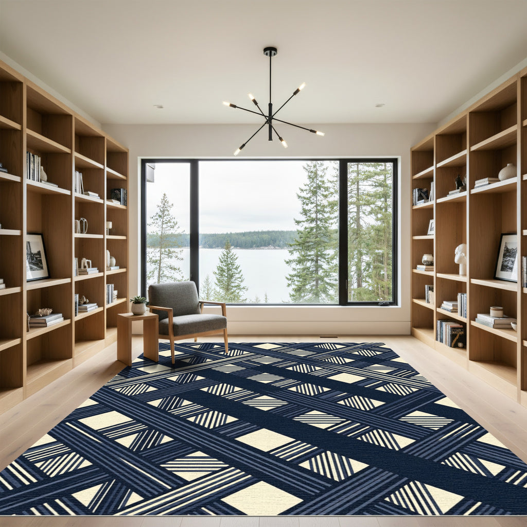 Navy Blue Geometric Intersecting Grid Rug