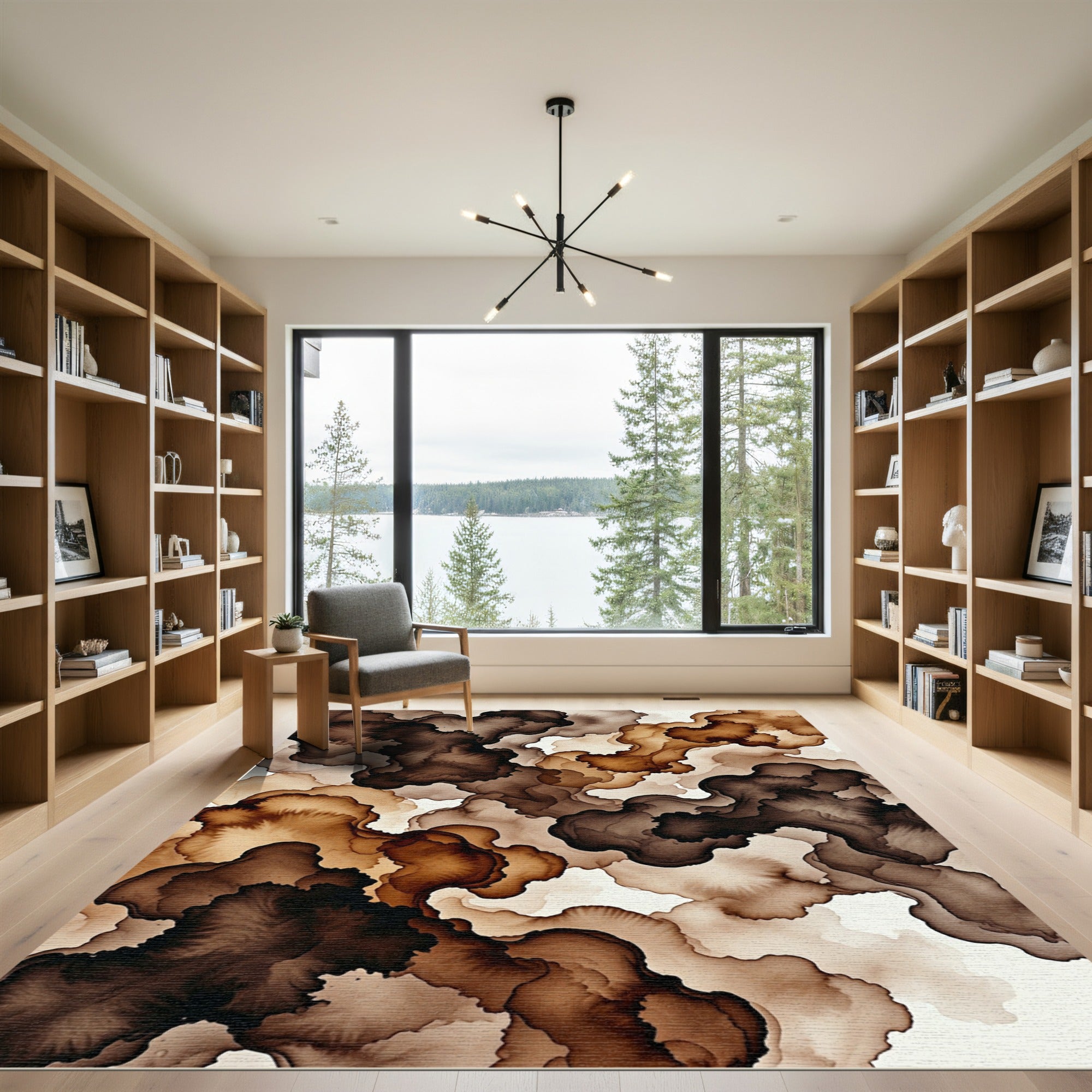 Abstract Coffee Ink Wash Layered Rug