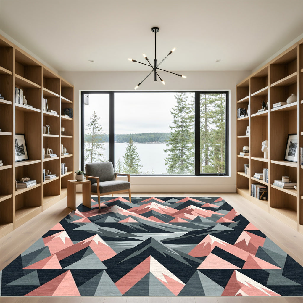 Geometric Pink and Slate Mountain Landscape Rug