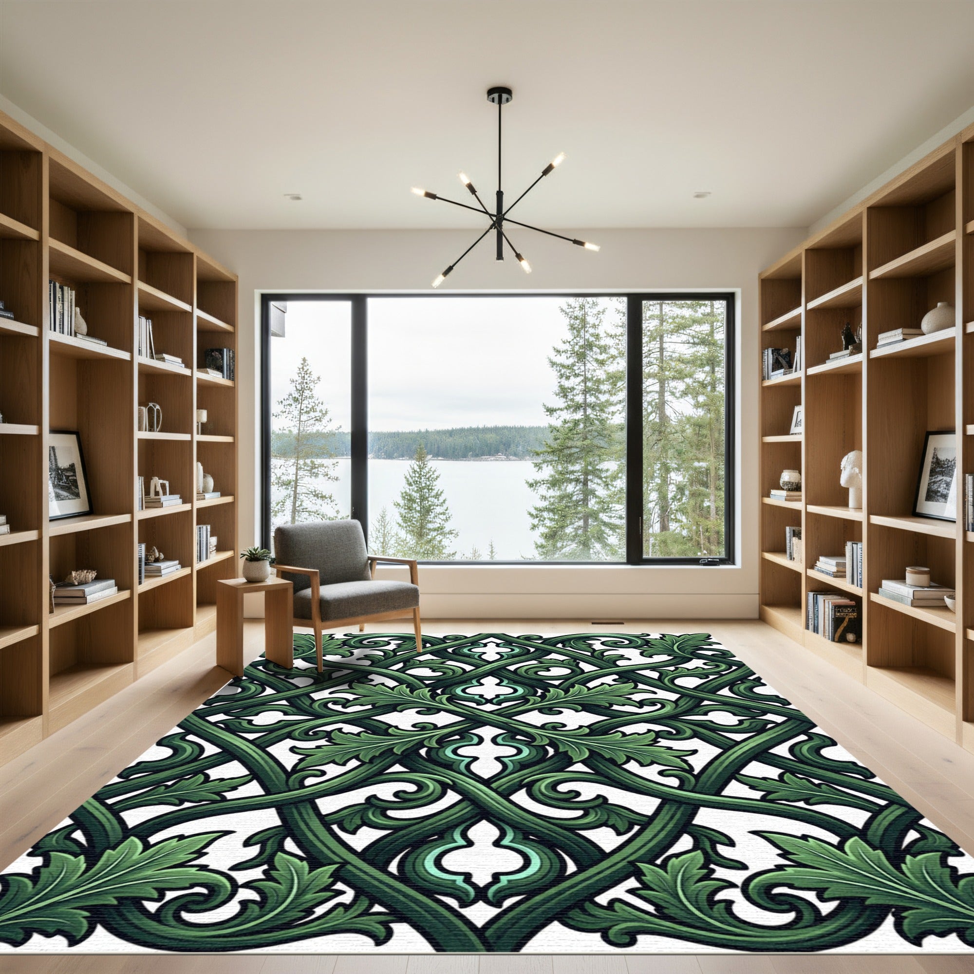 Deep Green Ornate Scrollwork Lattice Rug