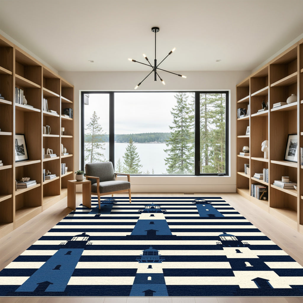Blue Nautical Lighthouse Navy Striped Rug
