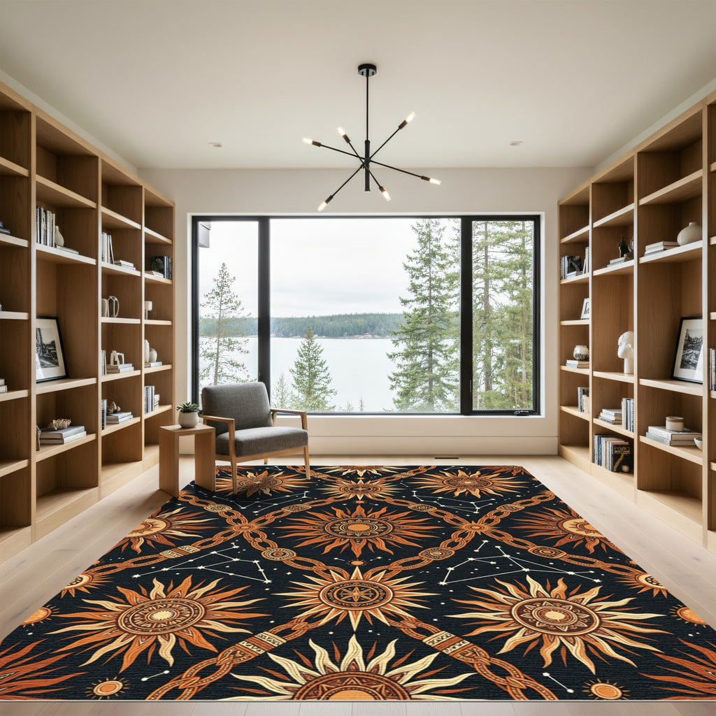 Celestial Sun Constellation Amber Black Tapestry Rug