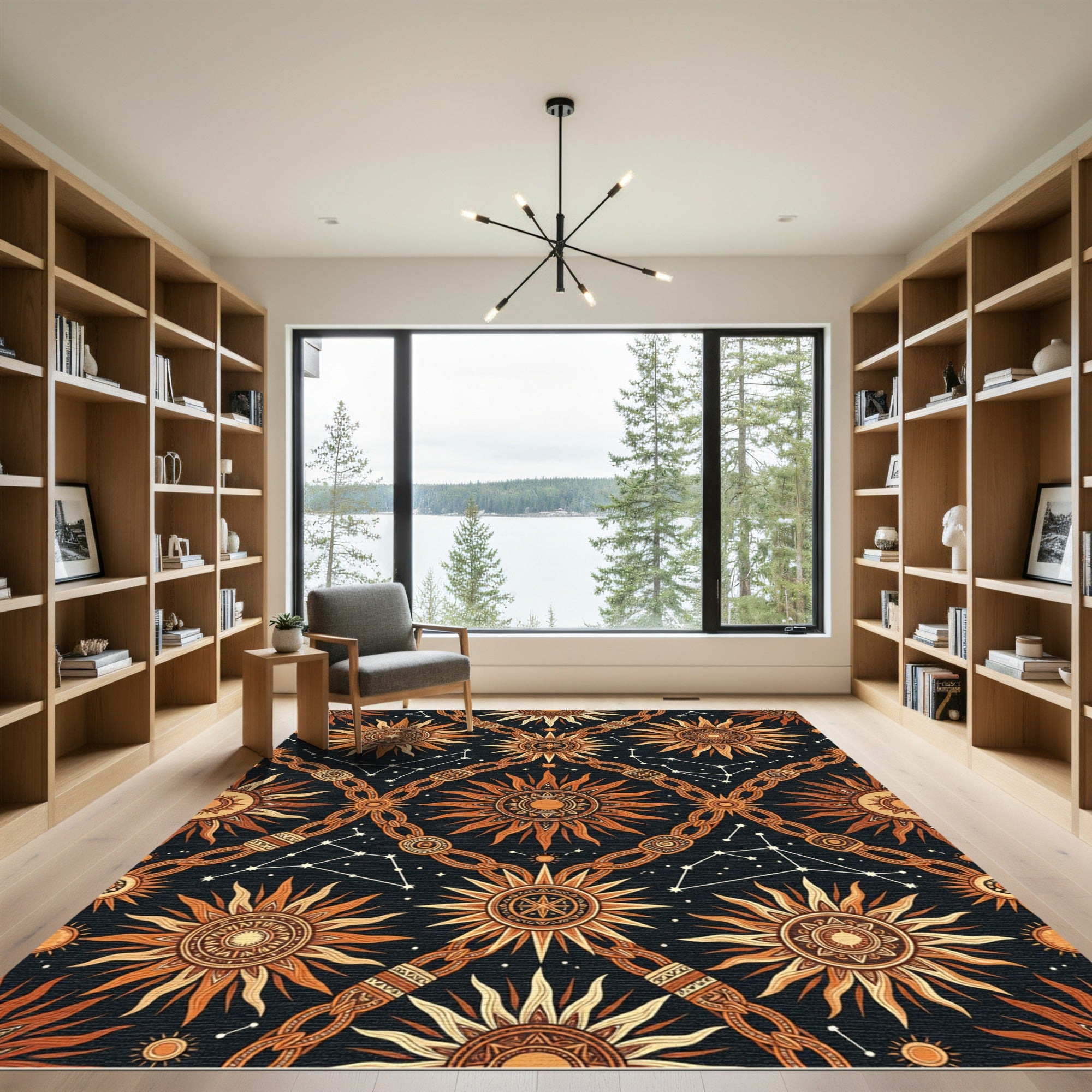 Celestial Sun Constellation Amber Black Tapestry Rug