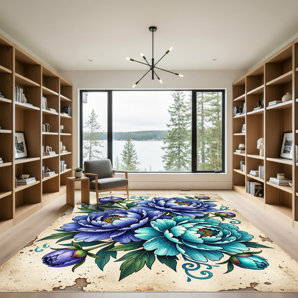 Vintage Blue Peony Botanical Illustration Rug