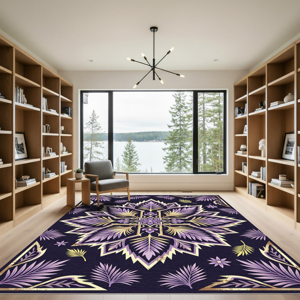 Elegant Purple Gold Botanical Medallion Rug