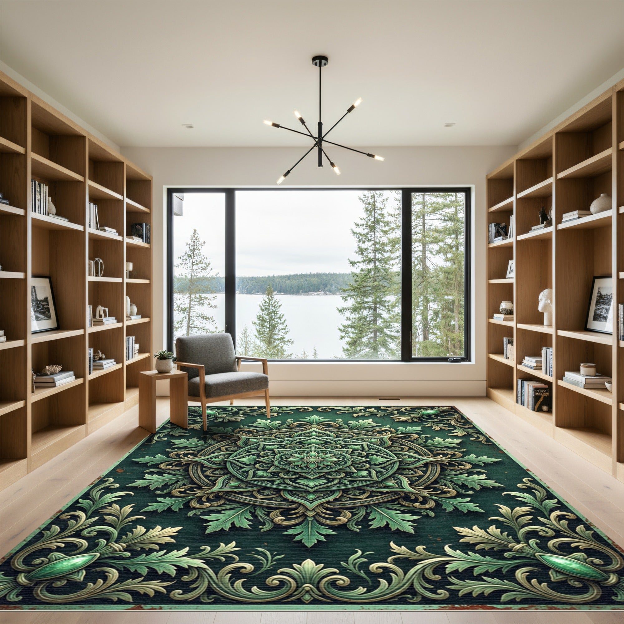 Ornate Emerald Leaf Scrollwork Rug