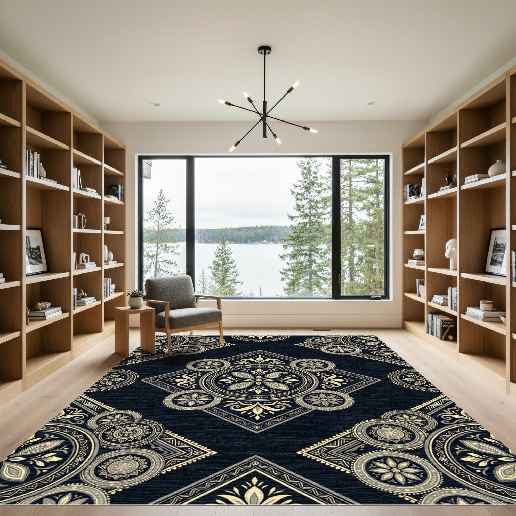 Elegant Midnight Gold Floral Mandala Rug