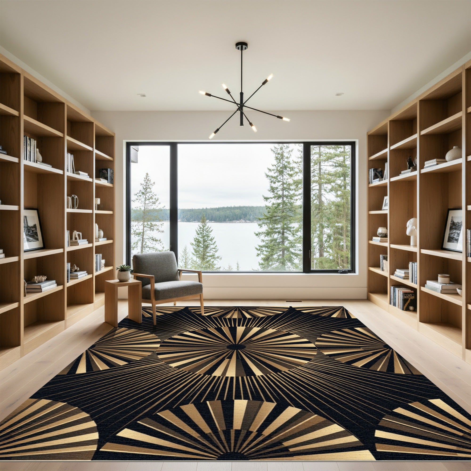 Art Deco Gold Sunburst Celestial Circle Rug