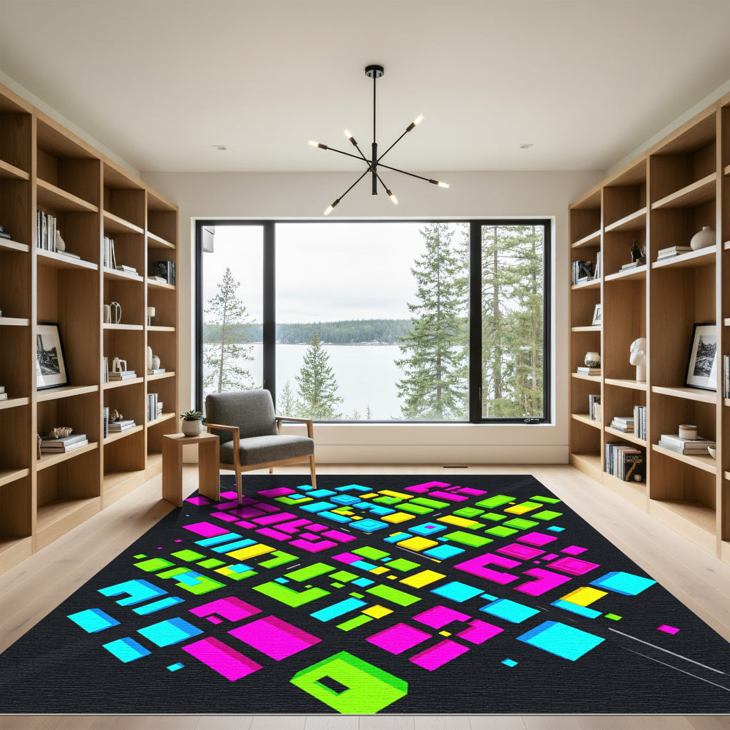 Neon Geometric Grid Abstract Pixel Art Rug
