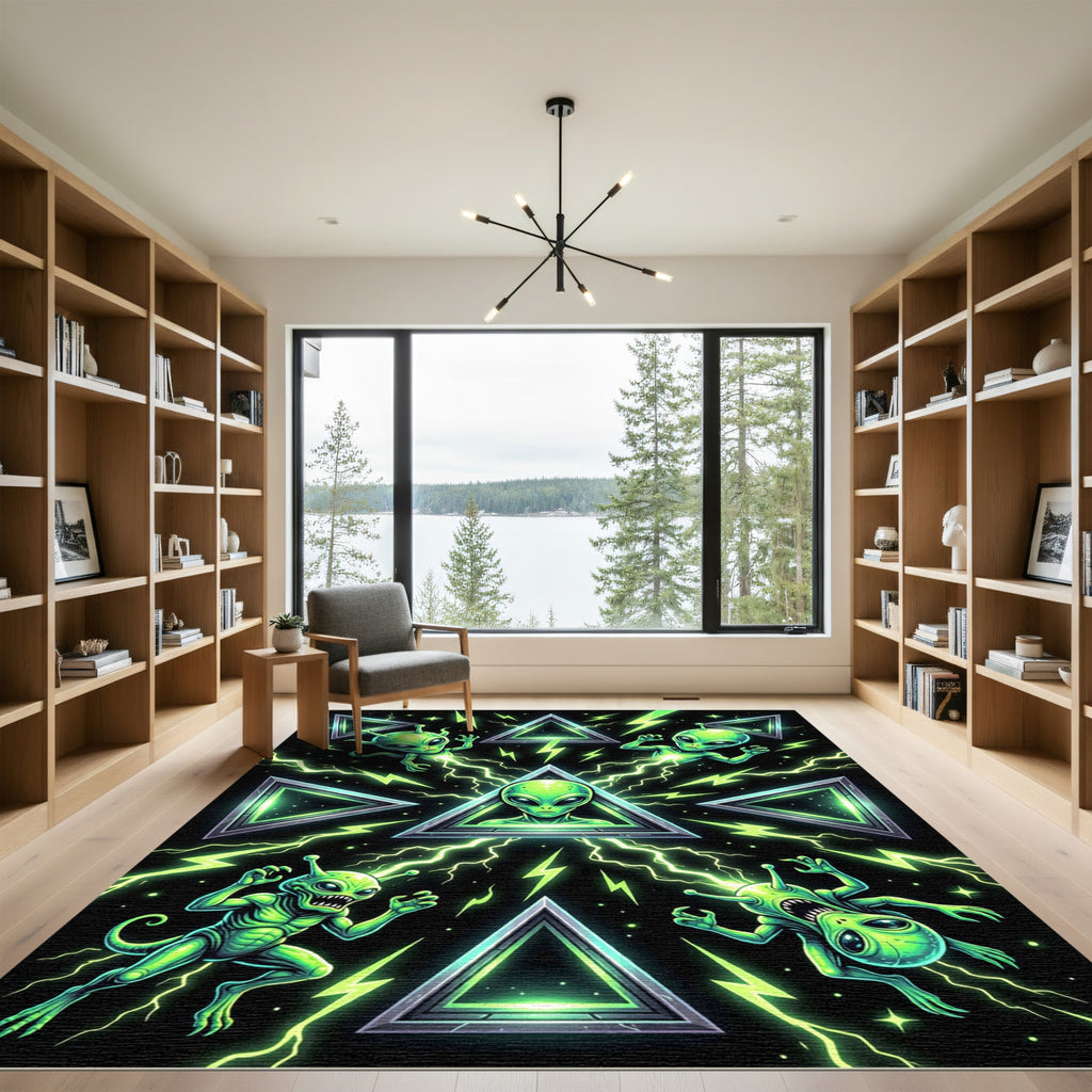 Neon Green Alien Triangle Cosmic Glow Rug