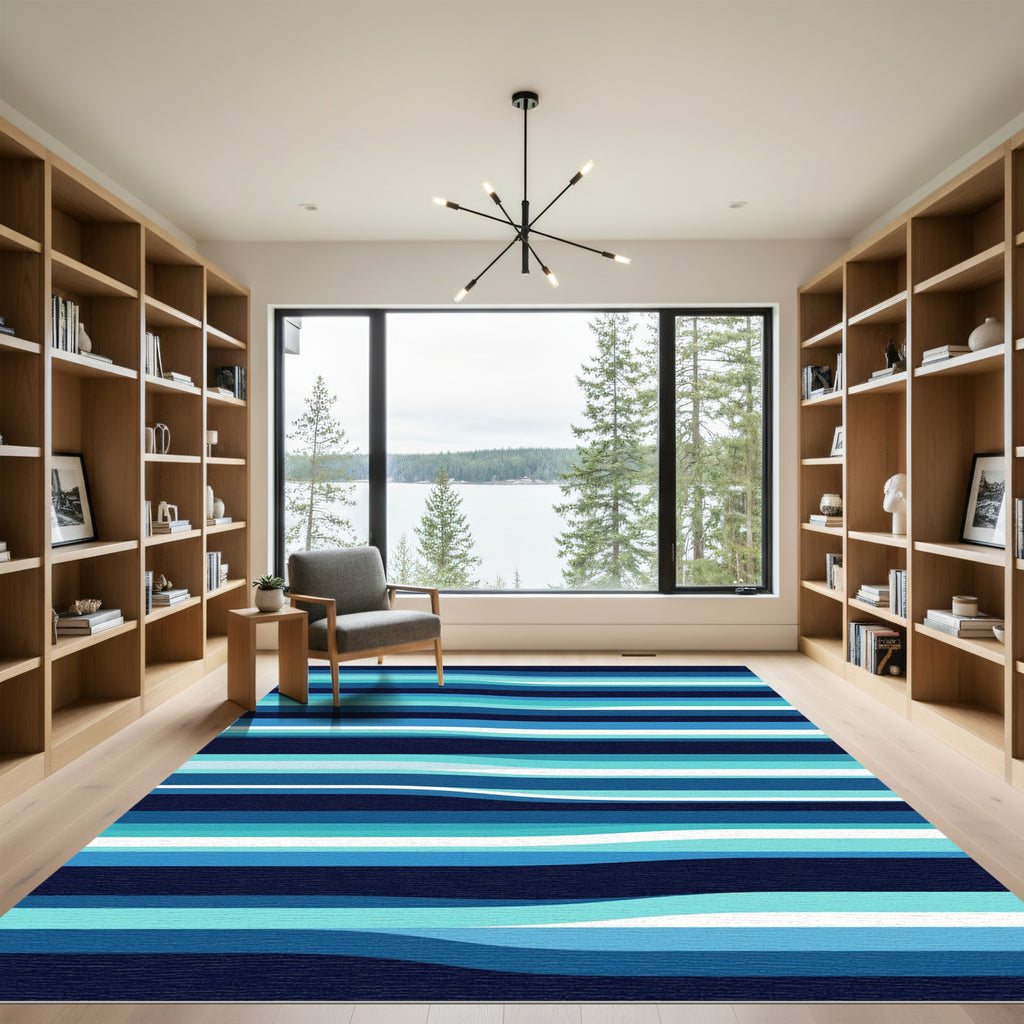 Modern Blue Wavy Striped Abstract Rug