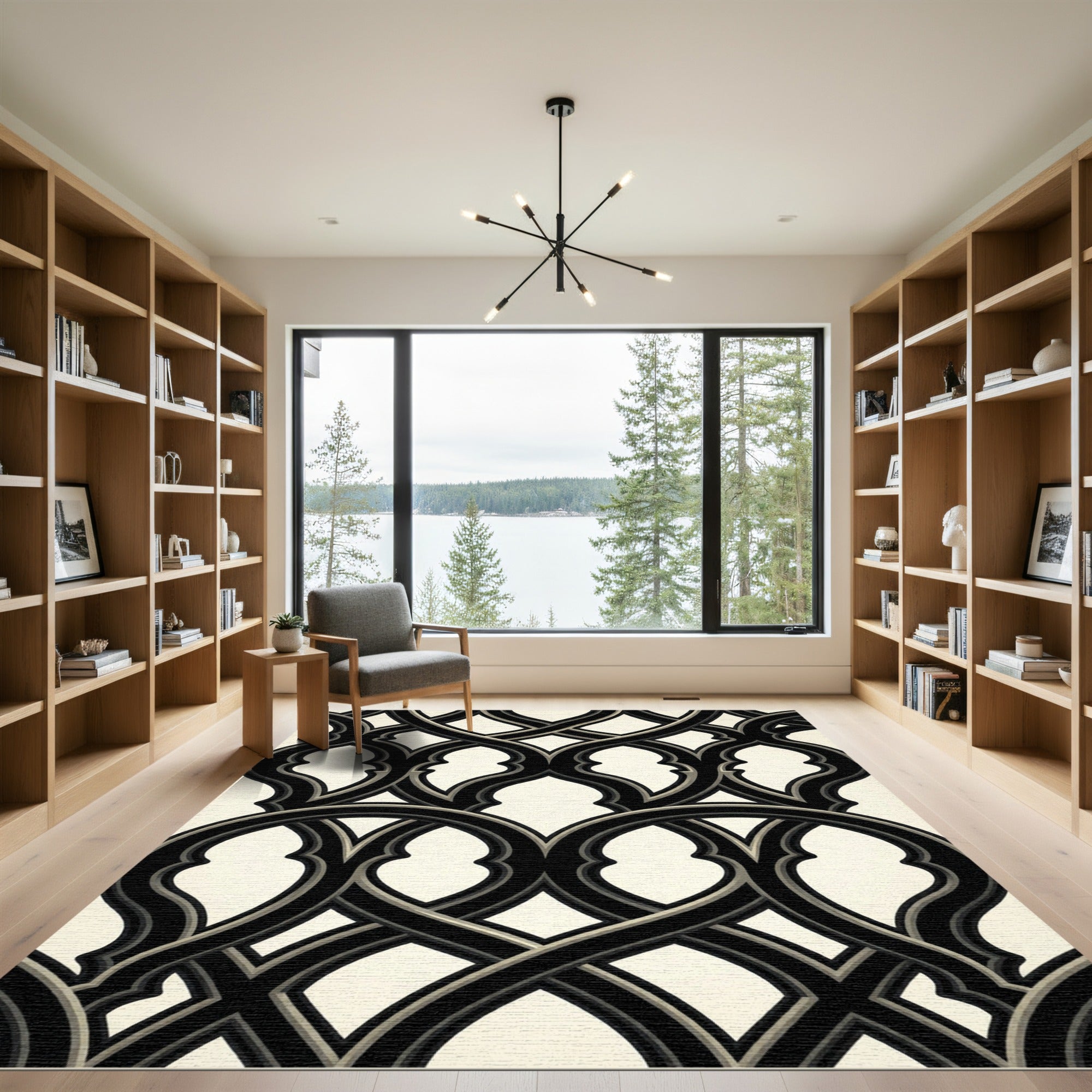 Monochrome Ogee Interlocking Curvilinear Ink Black Cream Rug