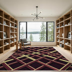 Geometric Deep Crimson and Gold Interlocking Grid Rug
