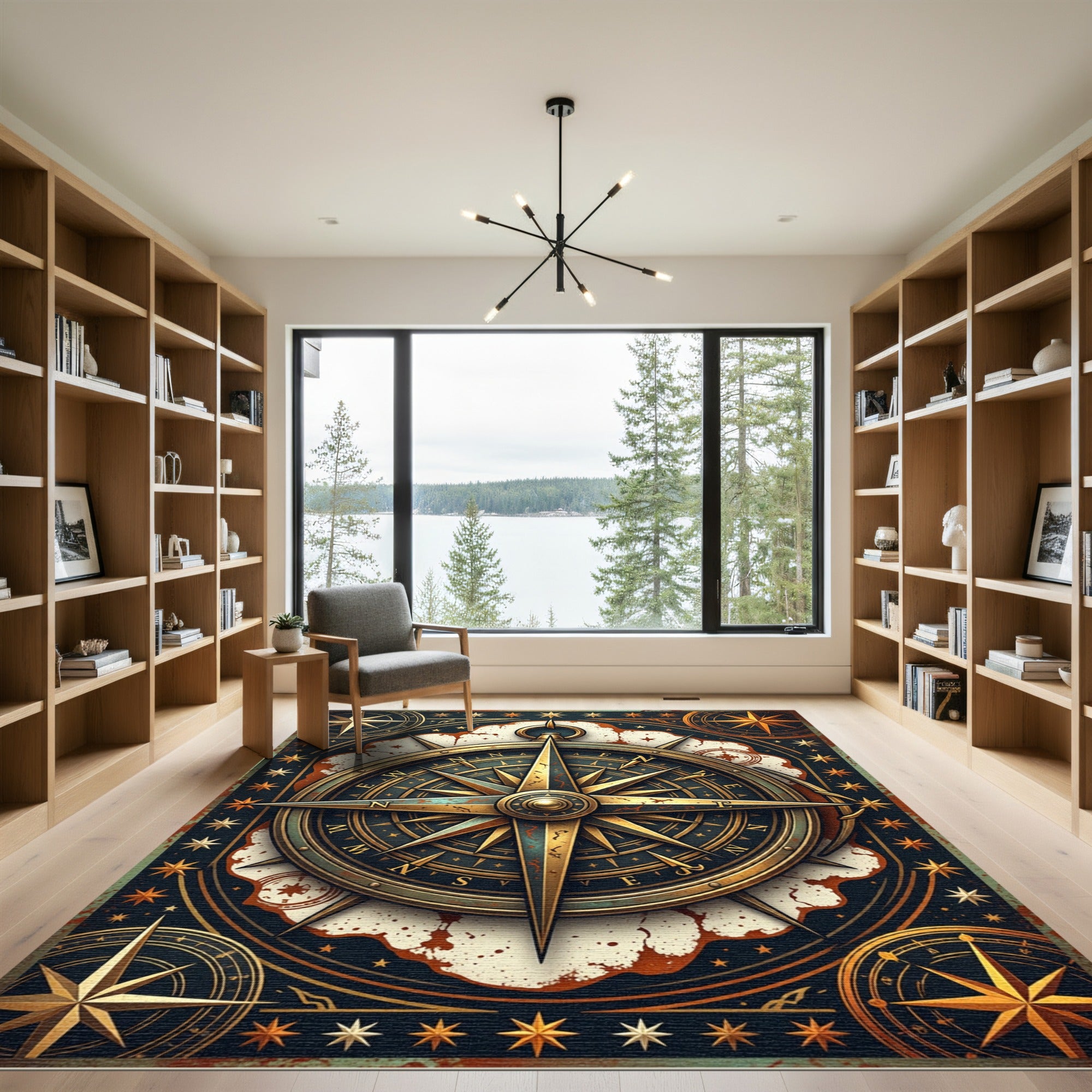 Vintage Golden Compass Nautical Star Map Rug