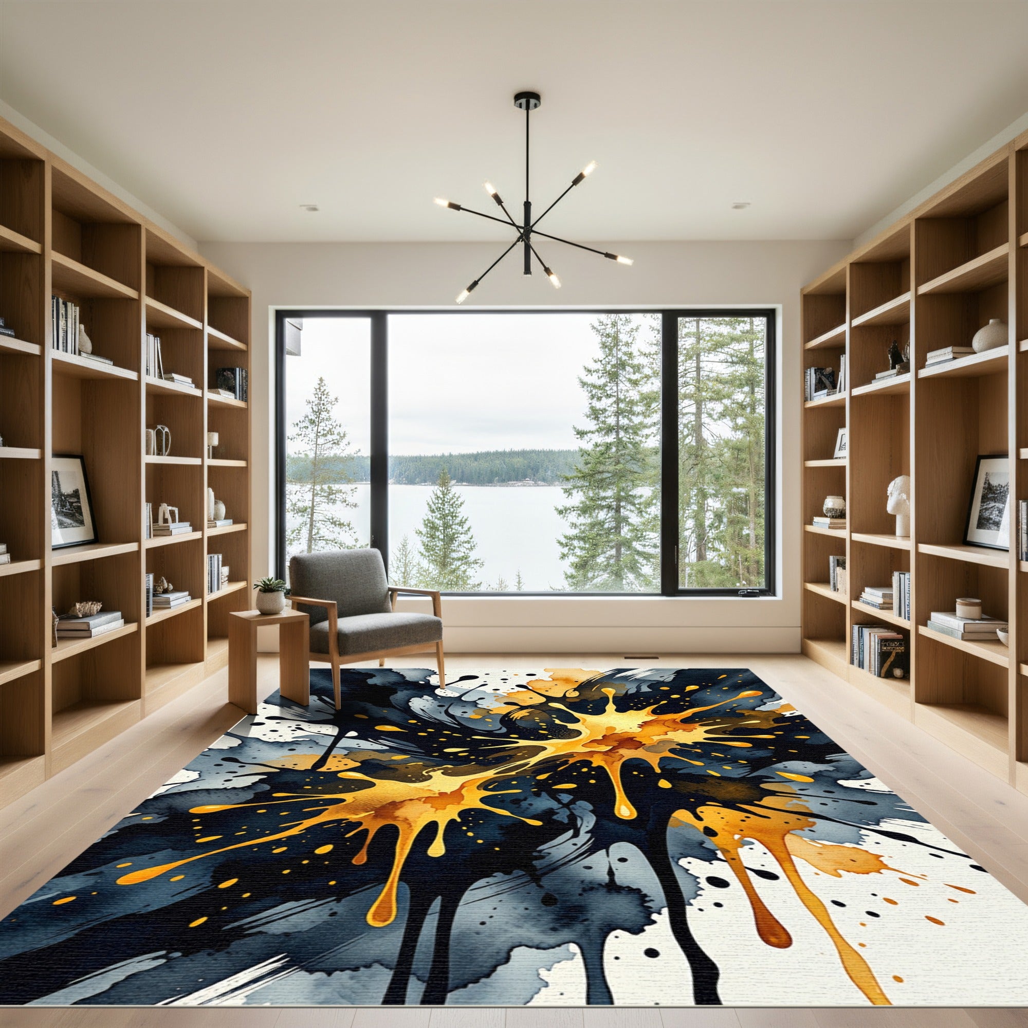 Modern Gold and Ink Abstract Splash Rug