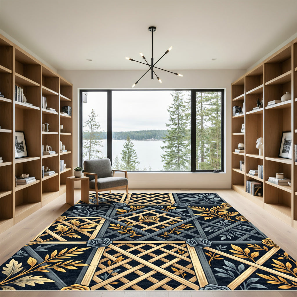 Gray Gold Lattice Rose Florals Rug
