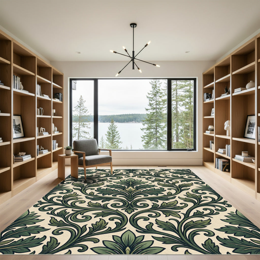 Emerald Botanical Damask Scroll Foliage Rug