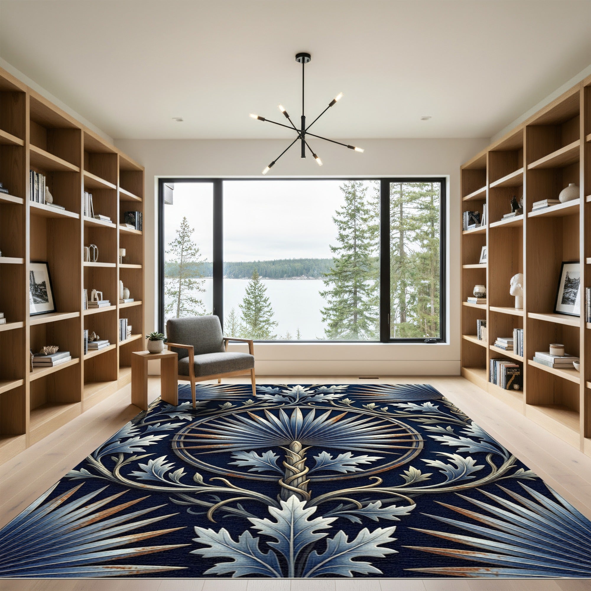 Intricate Navy Blue Botanical Palm Medallion Rug