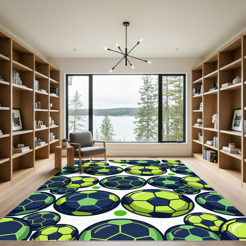 Vibrant Neon Soccer Ball Graphic Rug