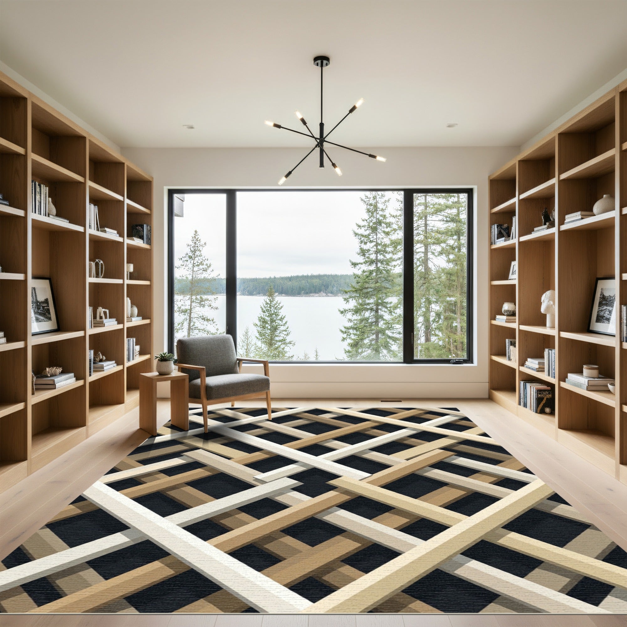 Modern Beige Interwoven Geometric Lattice Rug