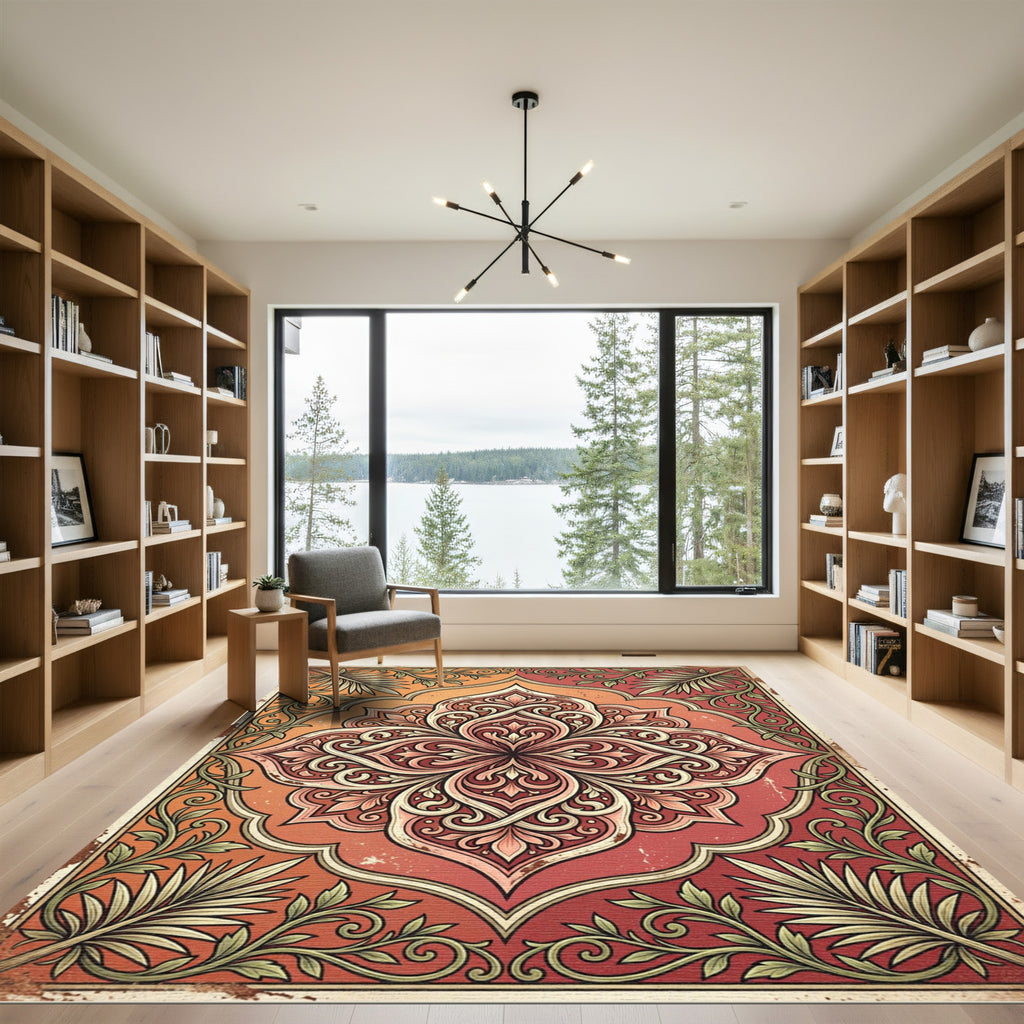 Vintage Terracotta Floral Scroll Medallion Rug