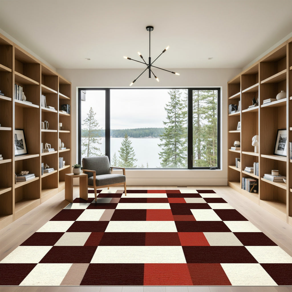 Modern Red Tan Geometric Blocks Rug