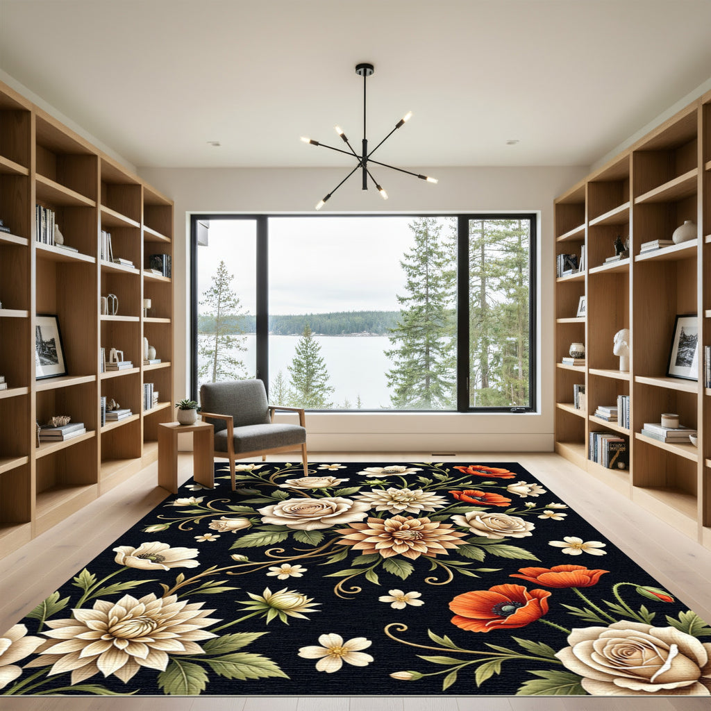 Elegant Beige Floral Black Meadow Rug