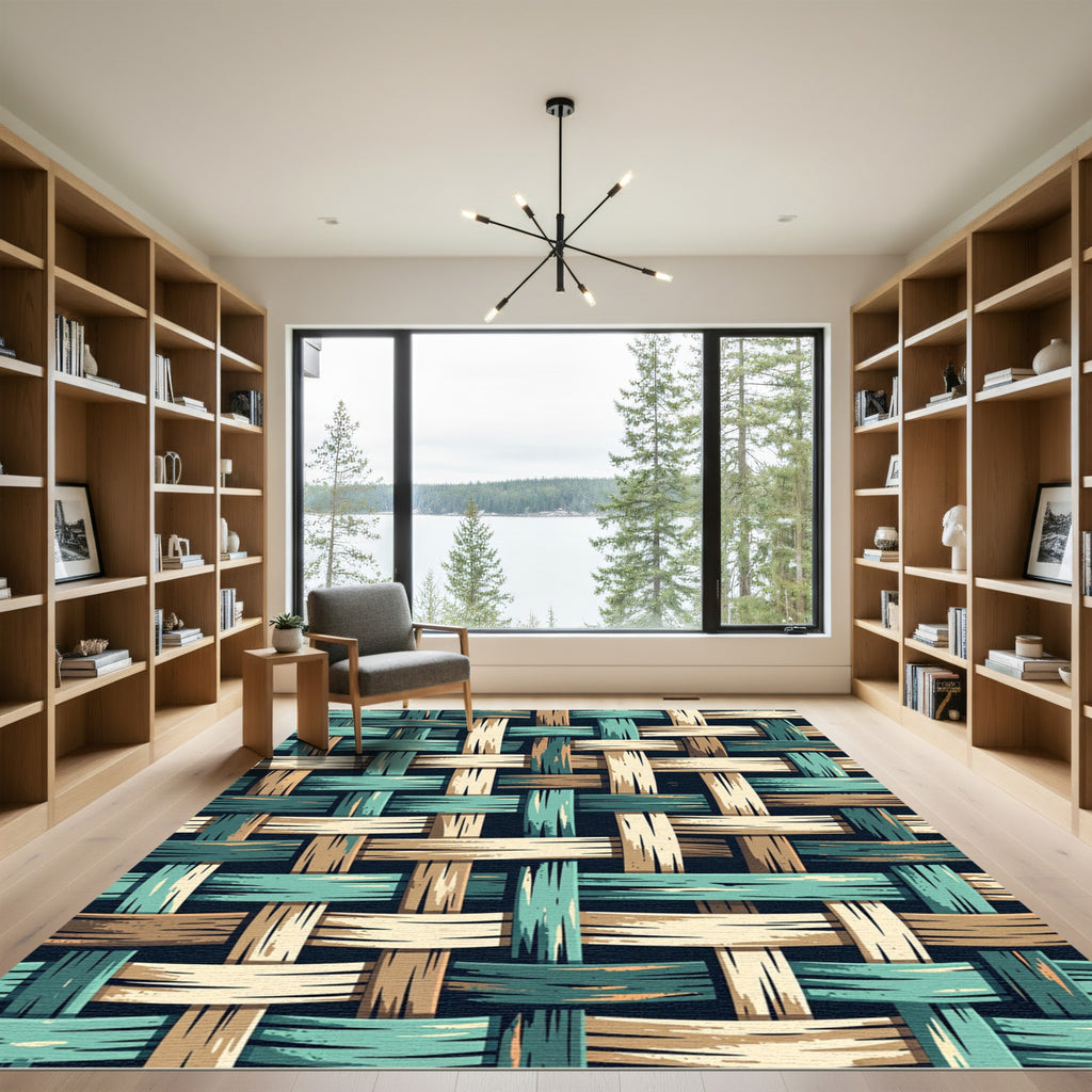 Textured Woven Teal Sand Grid Rug