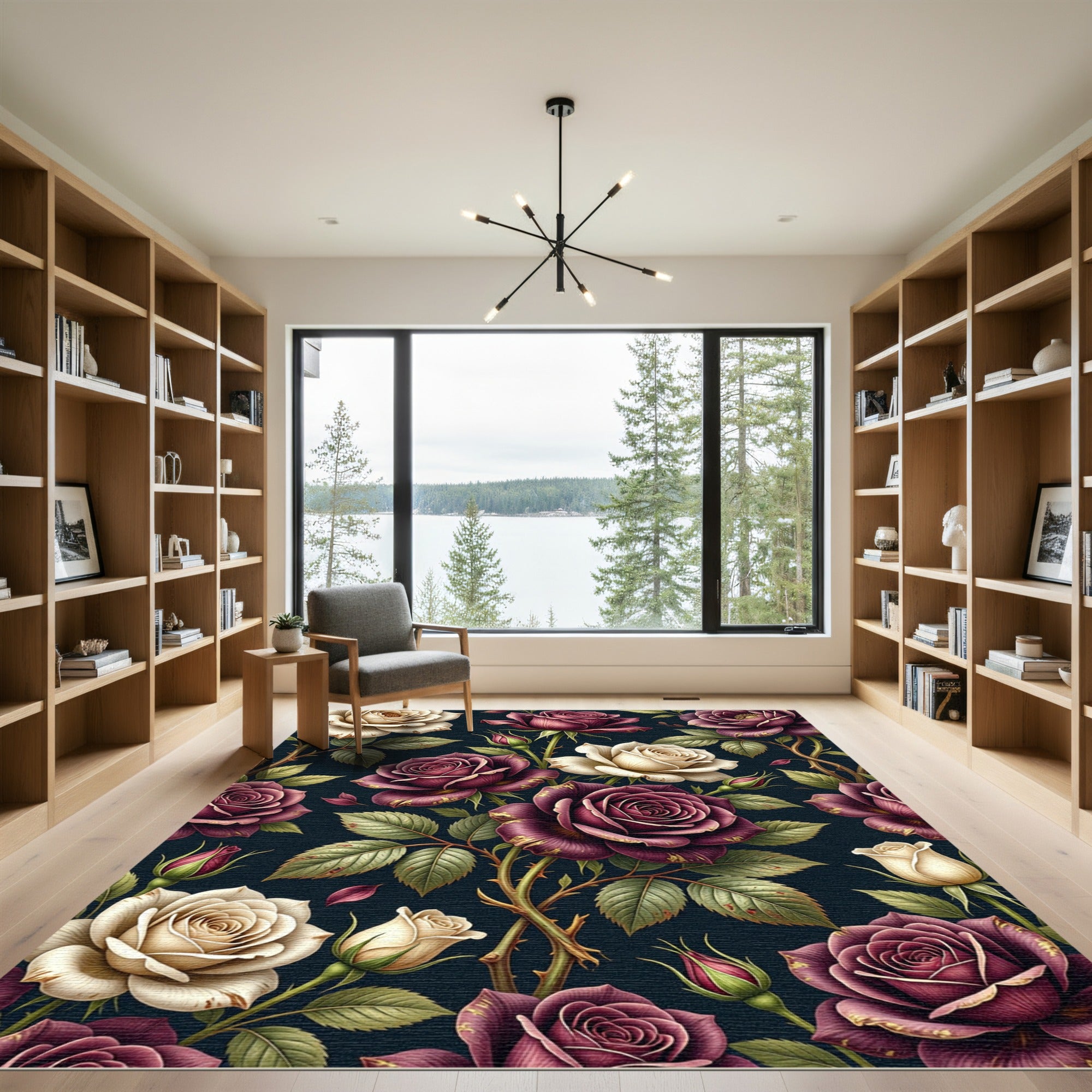 Deep Burgundy Cream Rose Garden Rug