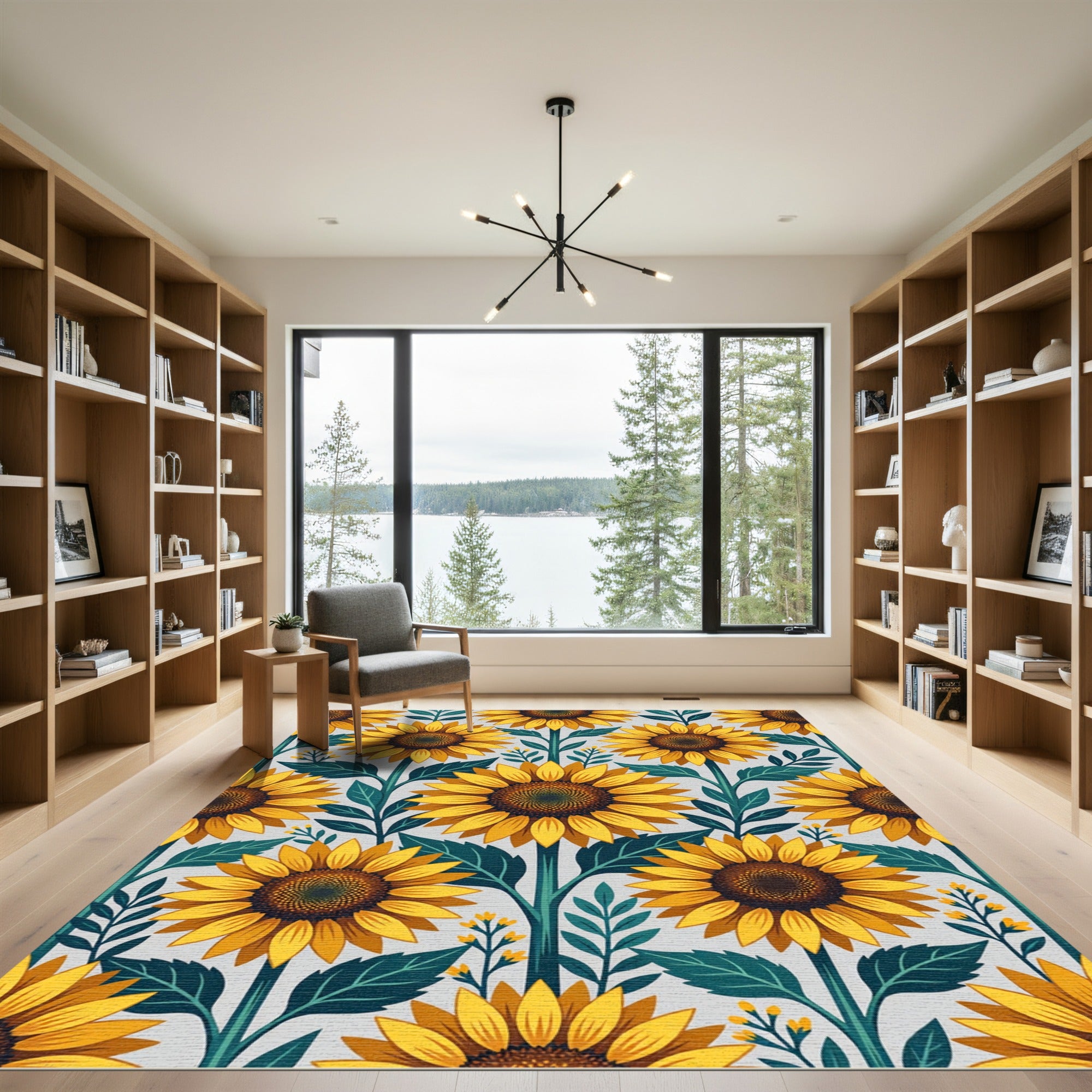 Sunlit Yellow Sunflower Botanical Illustration Rug
