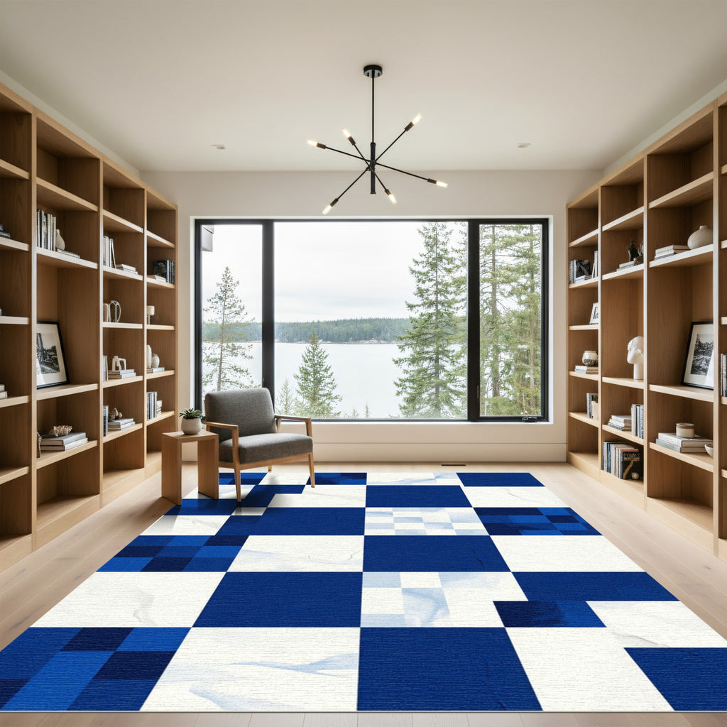 Modern Cobalt and White Geometric Grid Rug