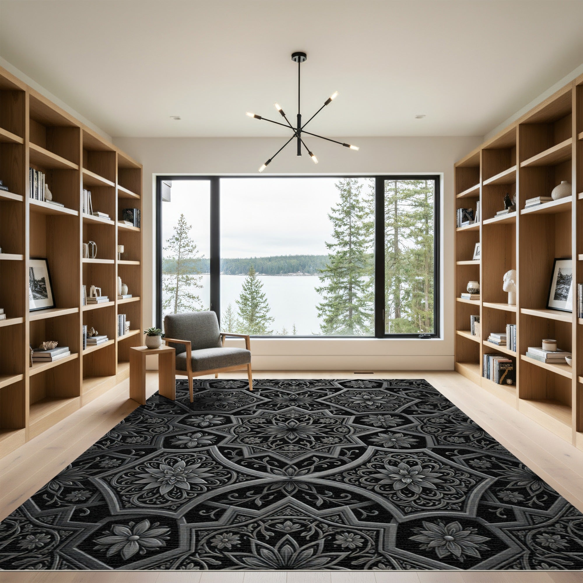 Ornate Black and Silver Floral Medallions Rug