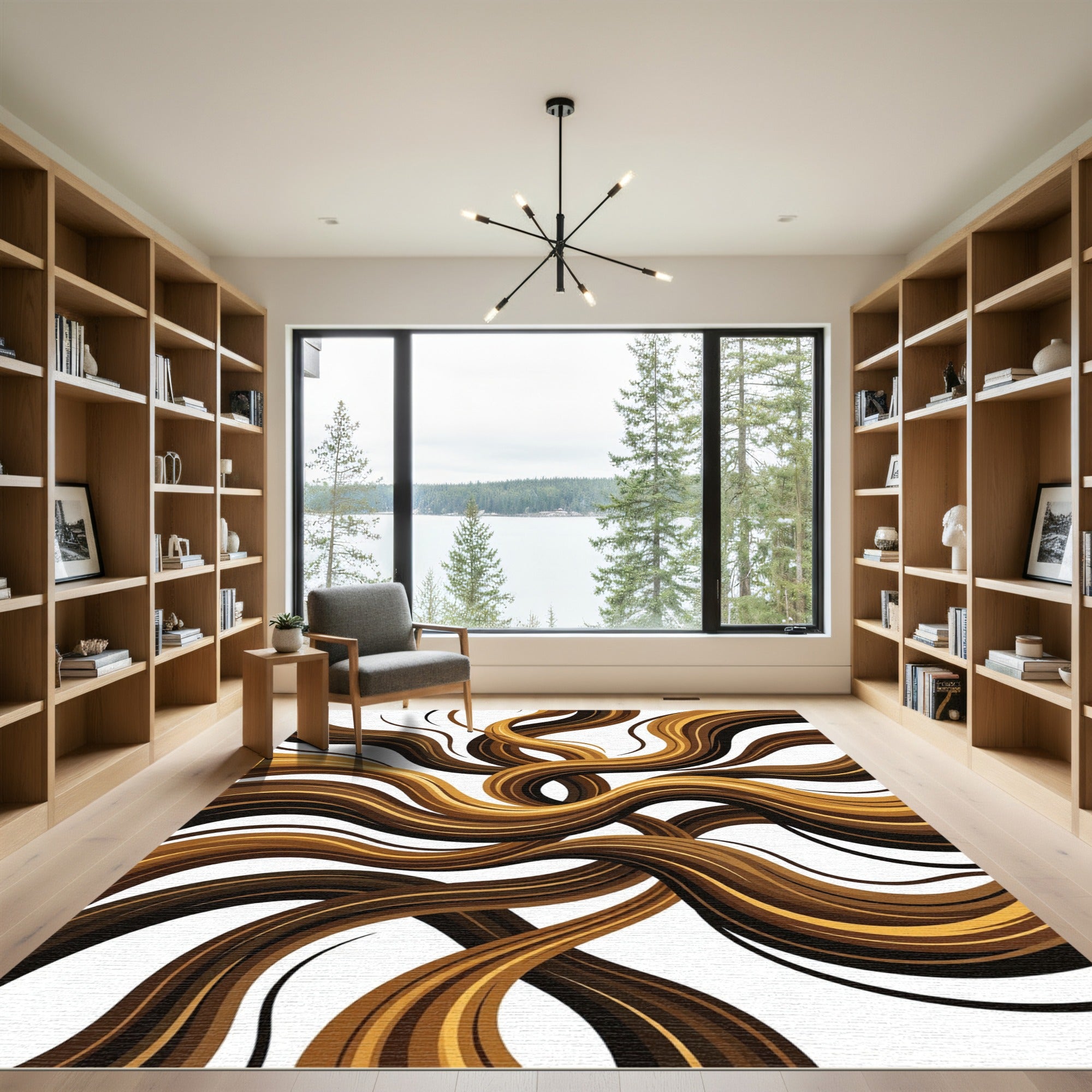 Dark Brown Golden Swirling Strands Rug