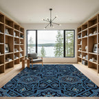 Deep Blue Geometric Star Floral Rug