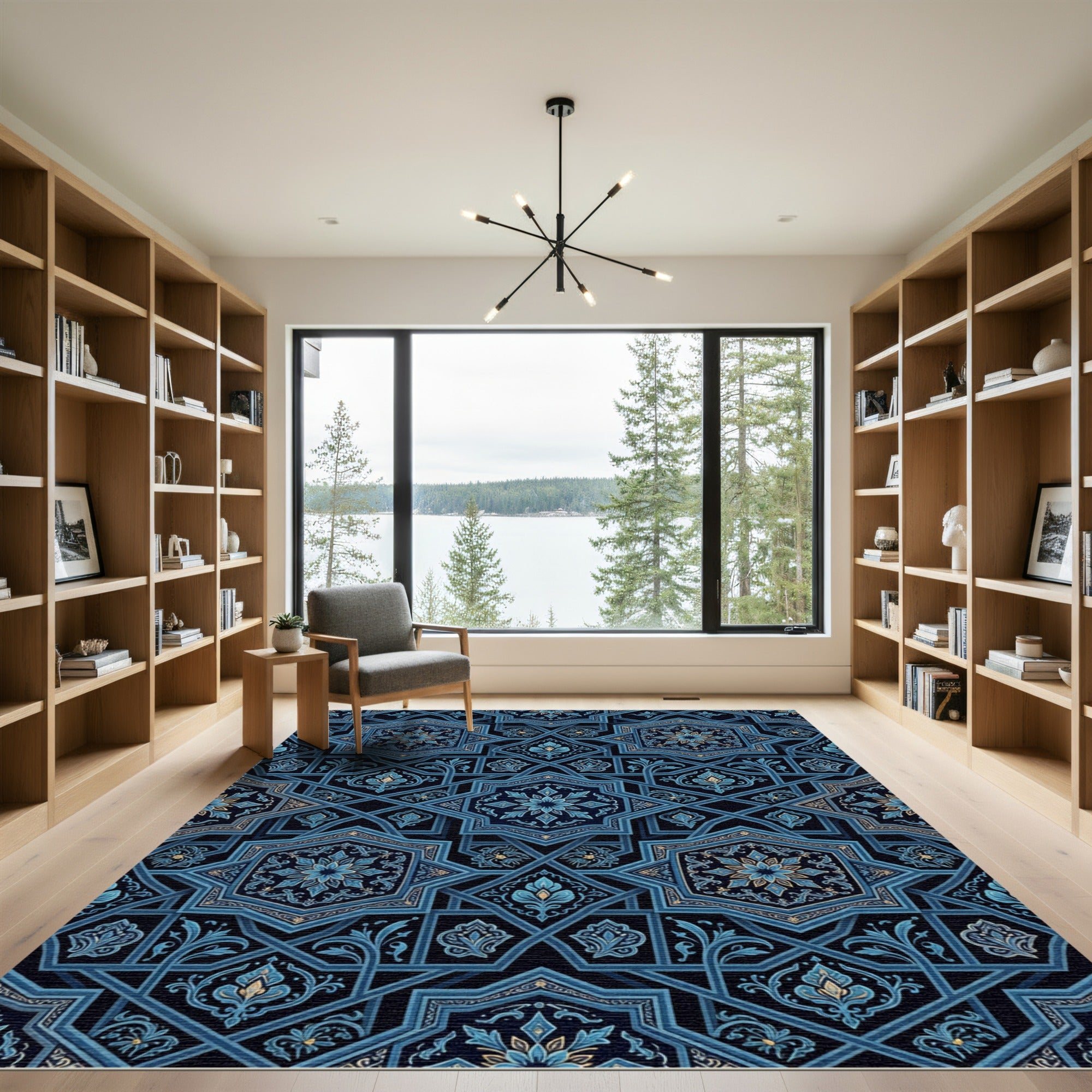 Deep Blue Geometric Star Floral Rug