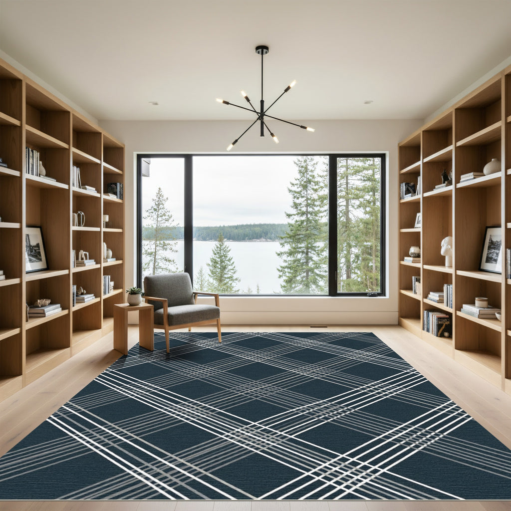 Navy Blue Diagonal Plaid Grid Rug