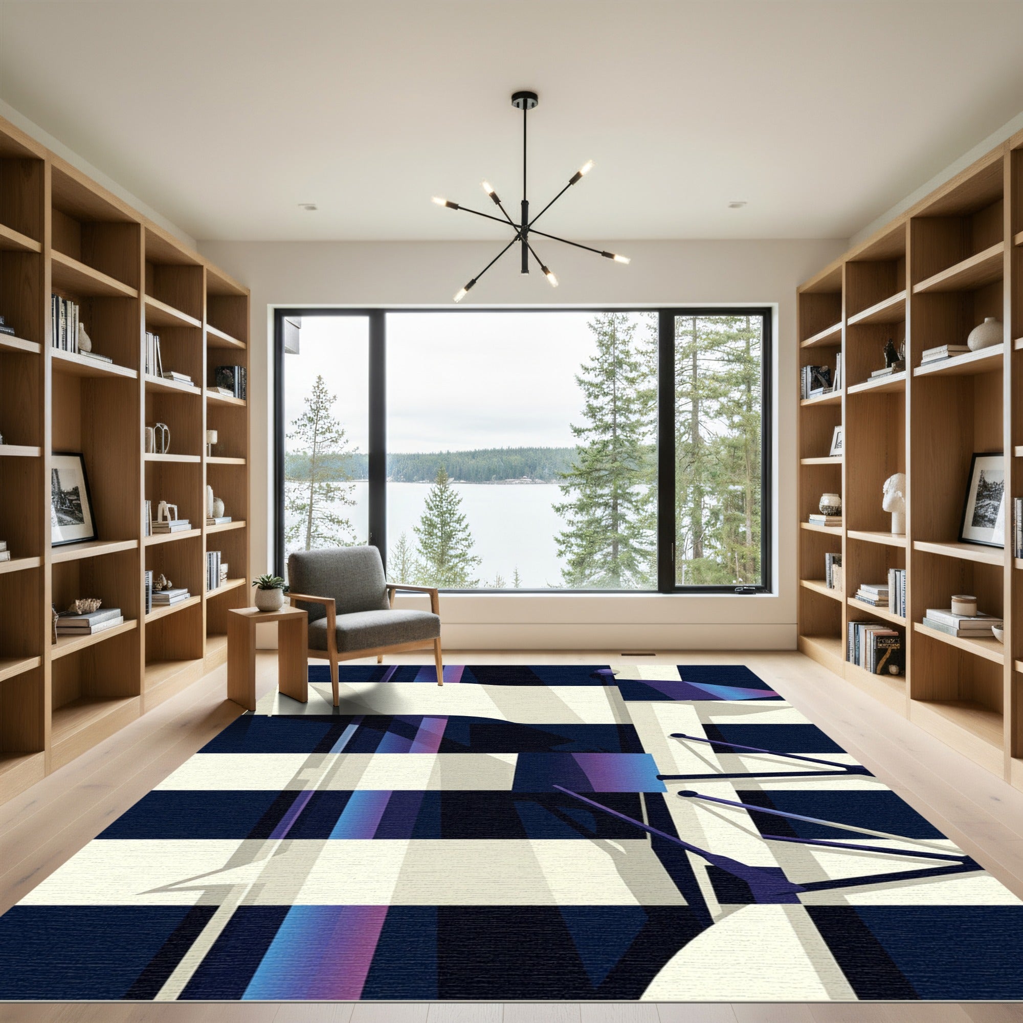 Modern Navy and White Geometric Stripe Rug