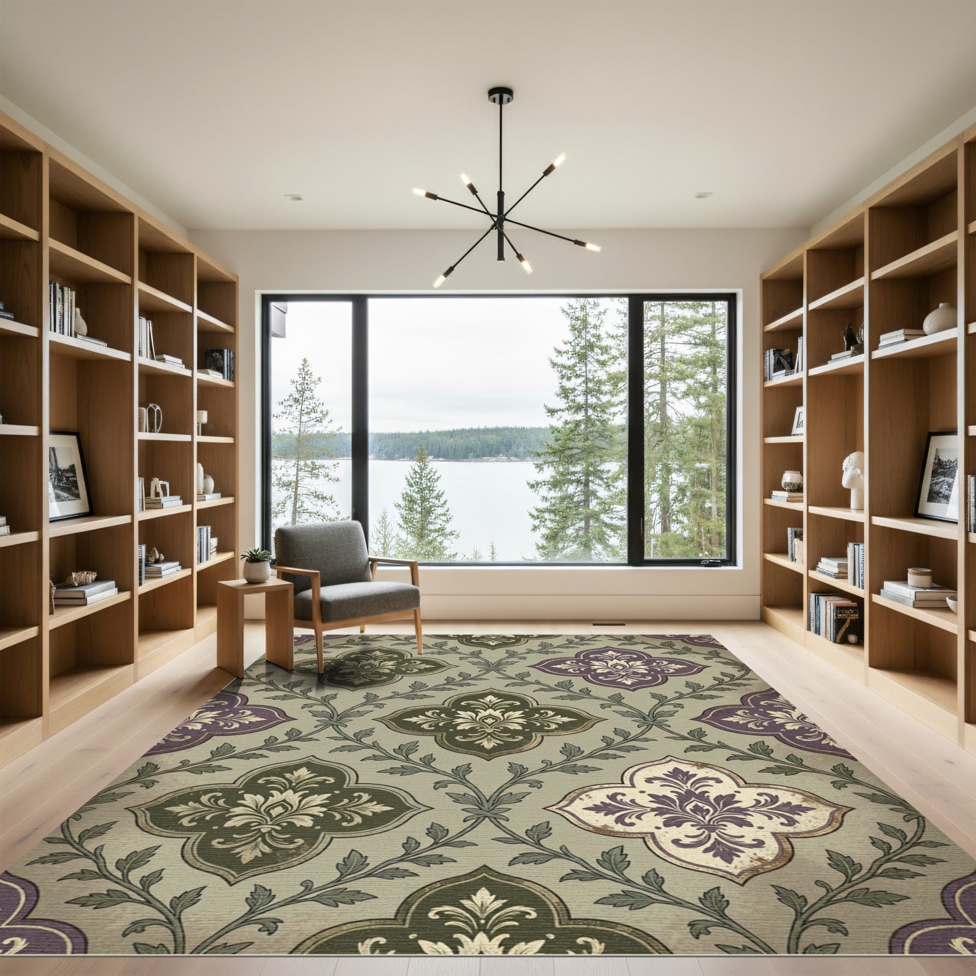 Damask Olive and Plum Quatrefoil Scroll Rug