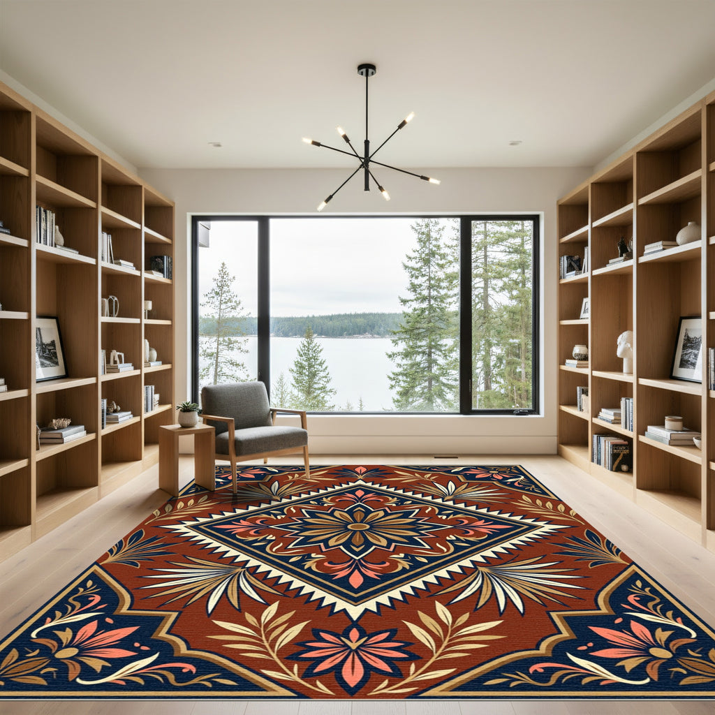 Ornate Terra Cotta Floral Diamond Medallion Rug