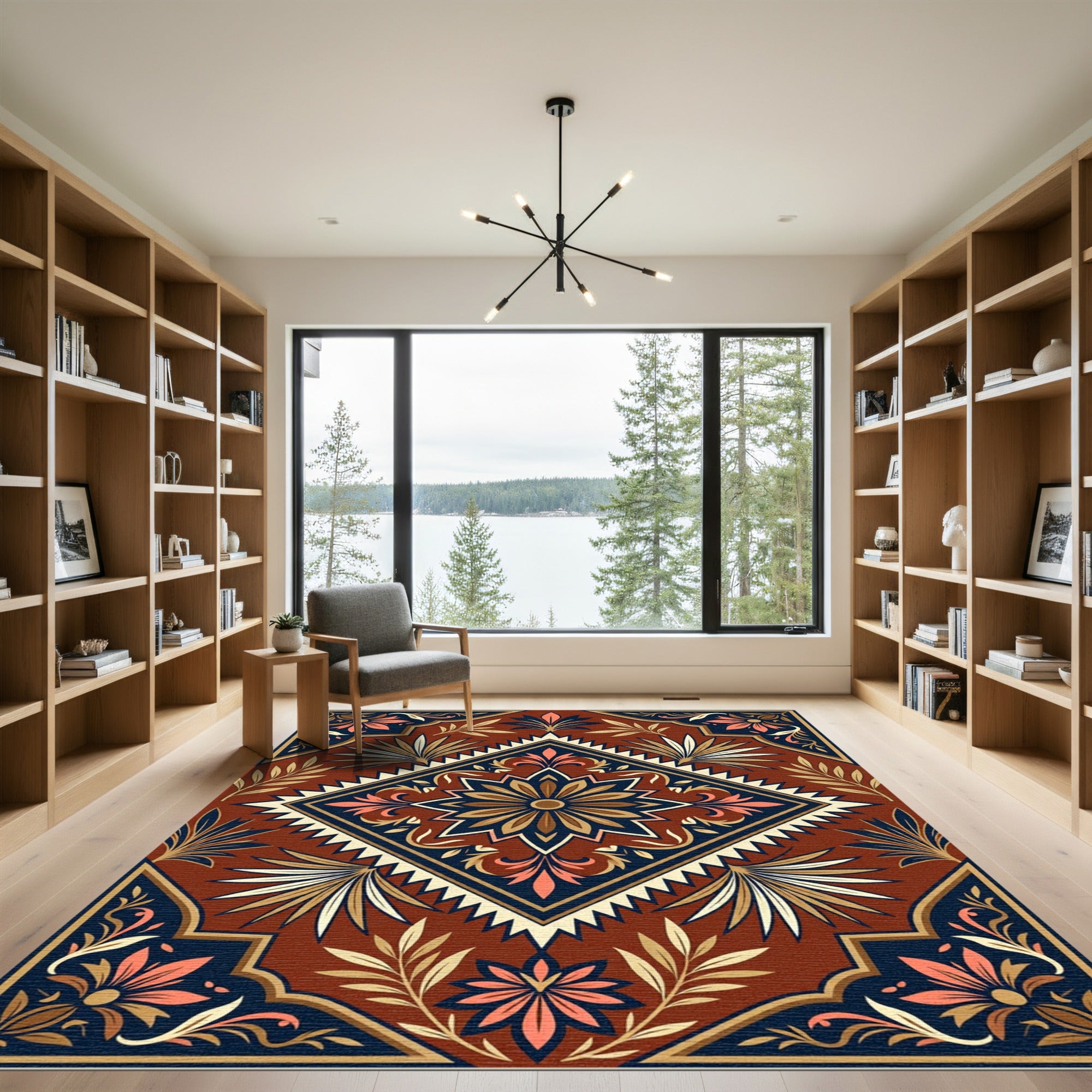 Ornate Terra Cotta Floral Diamond Medallion Rug