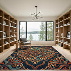 Symmetrical Teal and Amber Swirl Medallion Rug
