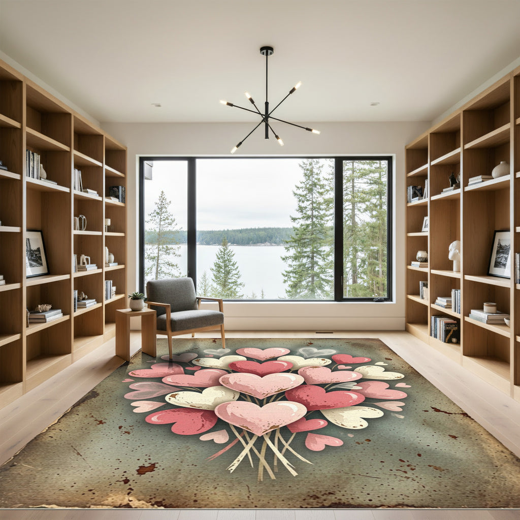 Rustic Pink Heart Bouquet Illustration Rug