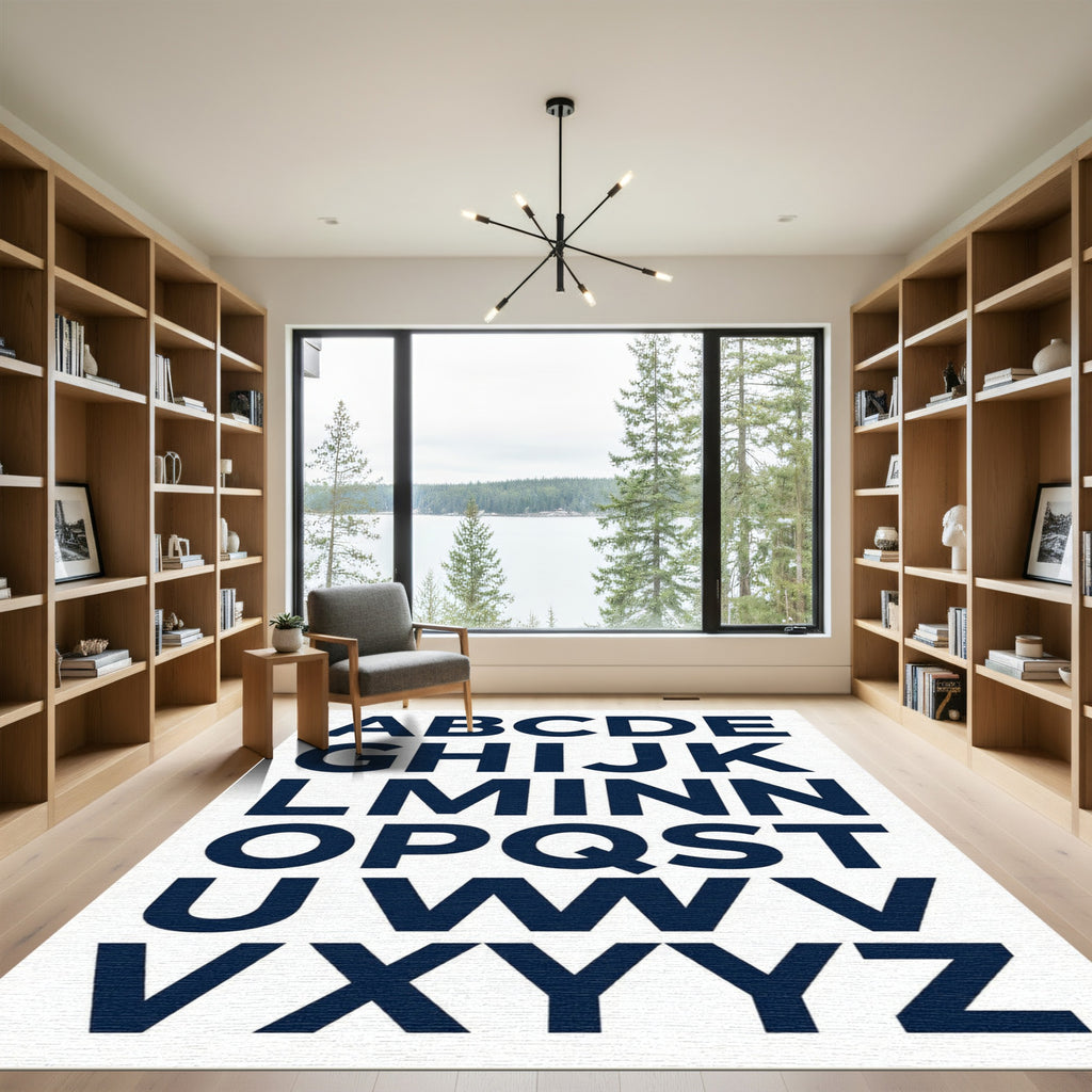 Navy Blue Modern Alphabet Typography Rug
