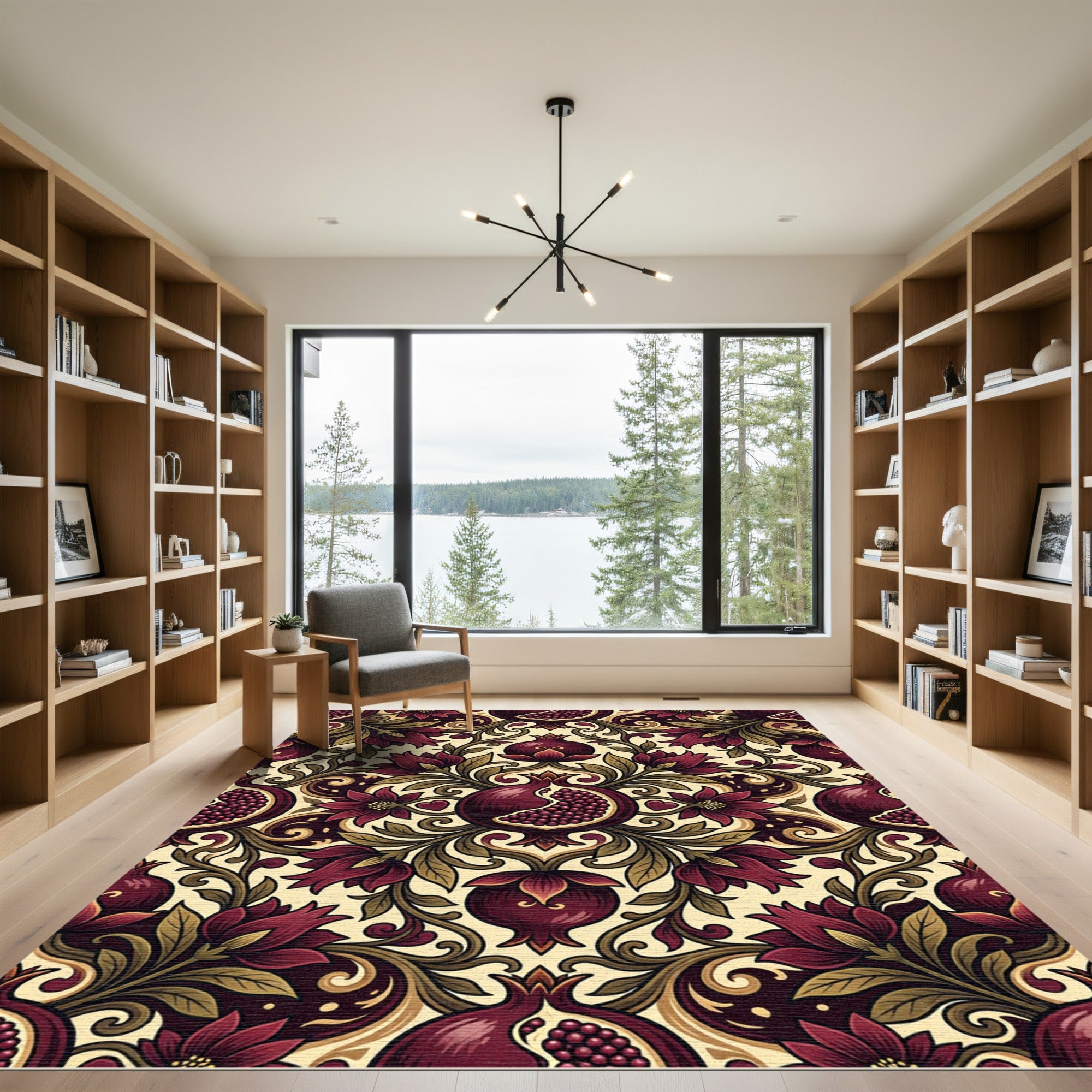 Rich Burgundy Pomegranate Floral Scroll Rug