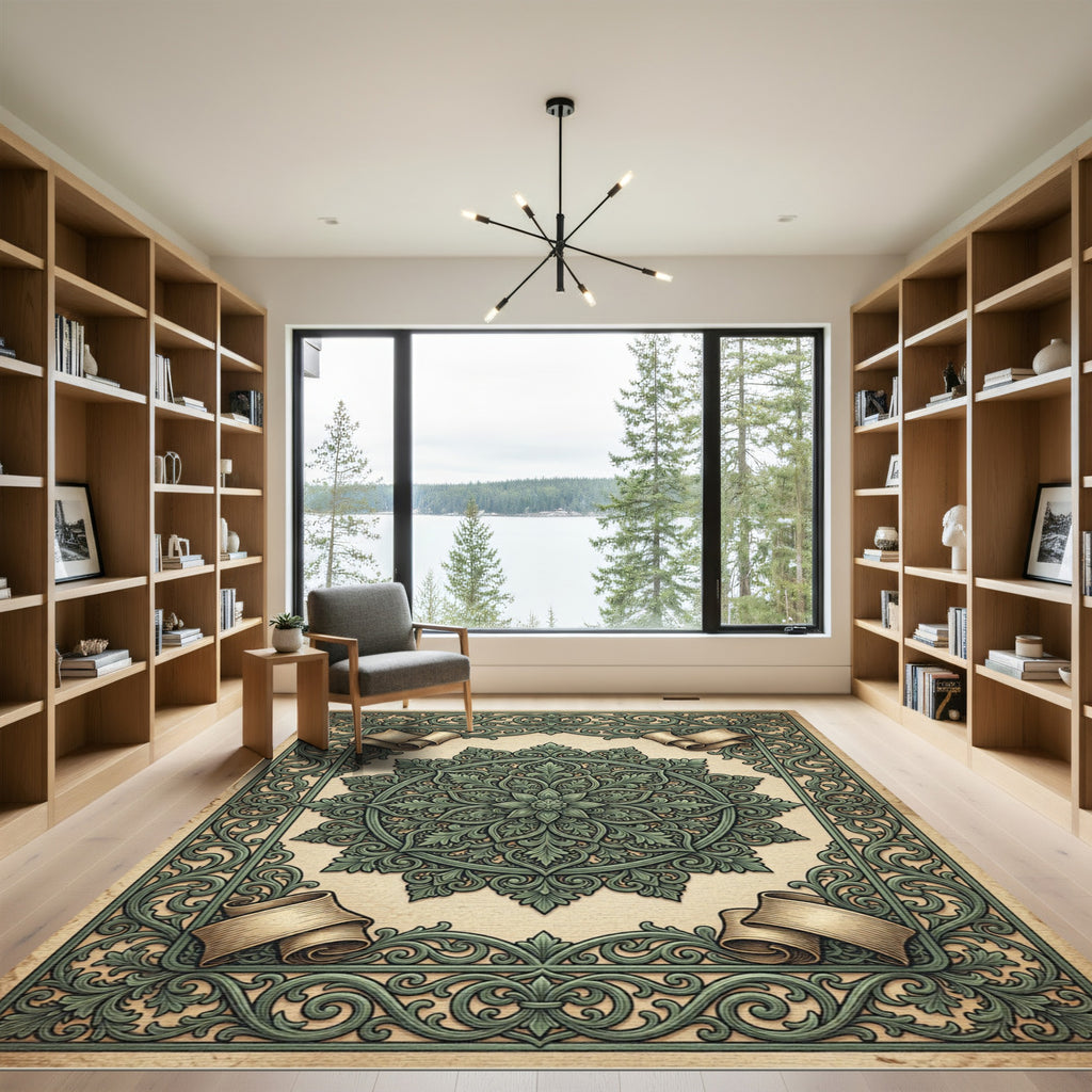 Ornate Sage Green Floral Medallion Scroll Rug